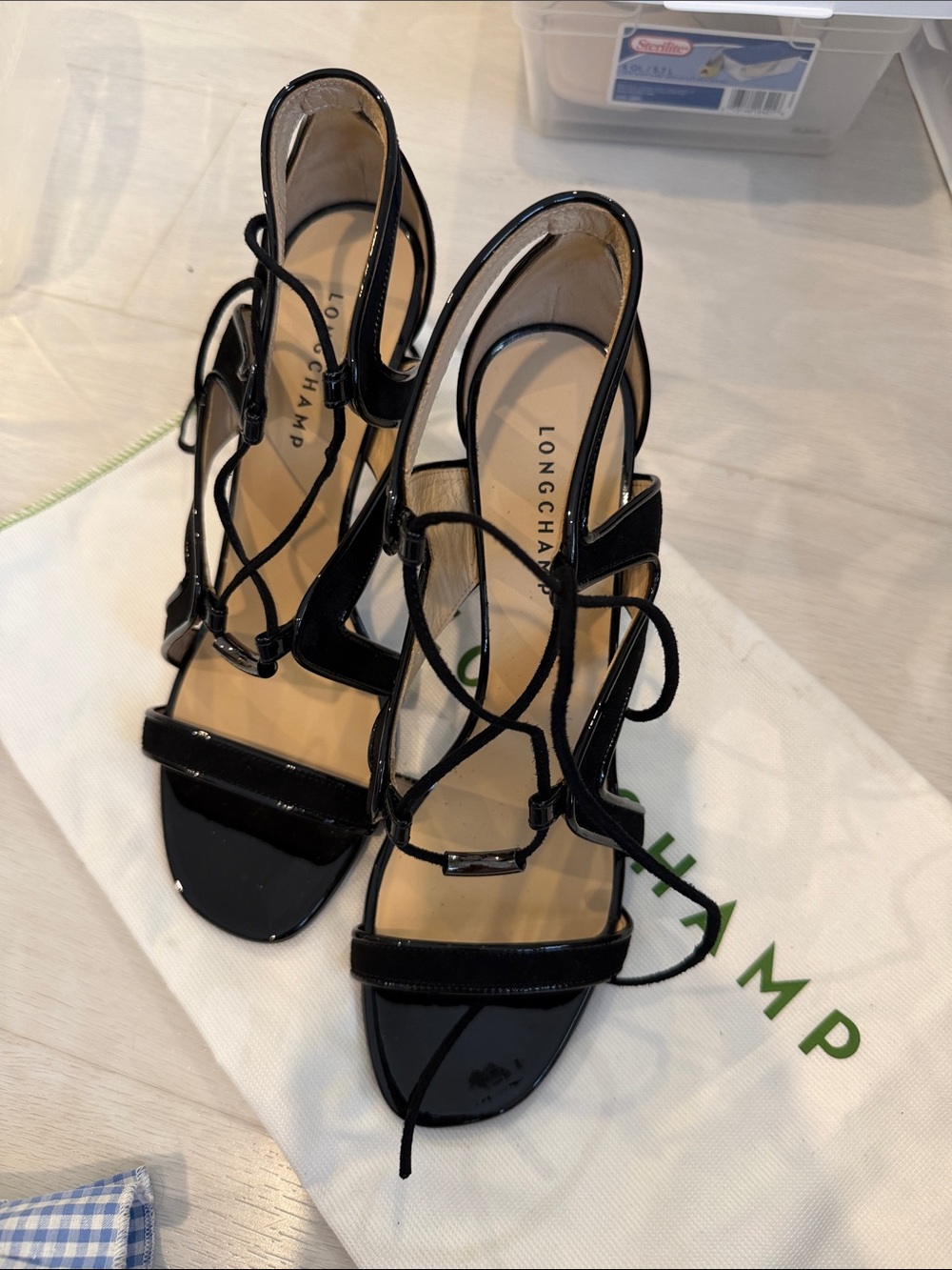 Longchamp Black Patent Strappy Heeled Sandals